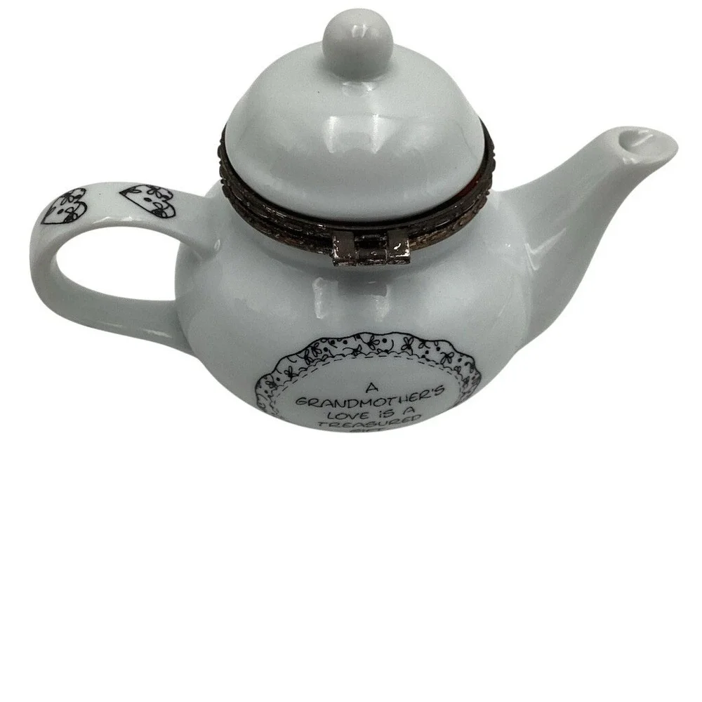 Grandmother Mini Teapot Trinket Box White Hinged Lid Heart‎ Handle